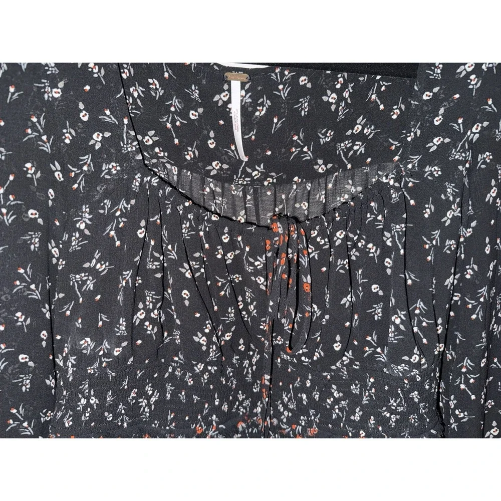 Free‎ People Lolita Floral Smocked Blouse L Black Cottage Peasant Top Semi Sheer